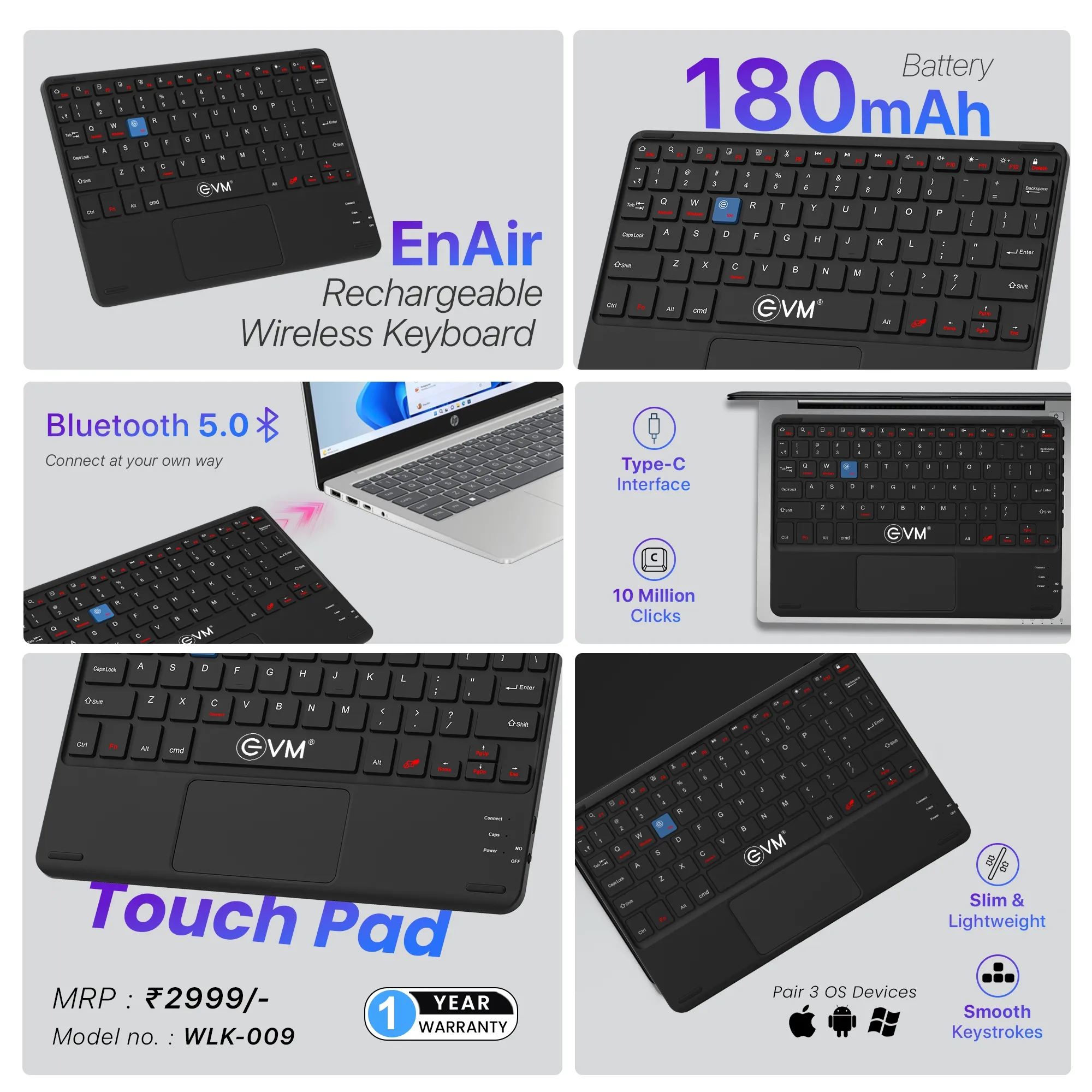 EVM Wireless Bluetooth Keyboard With Touchpad Enair WLK-009 view 5